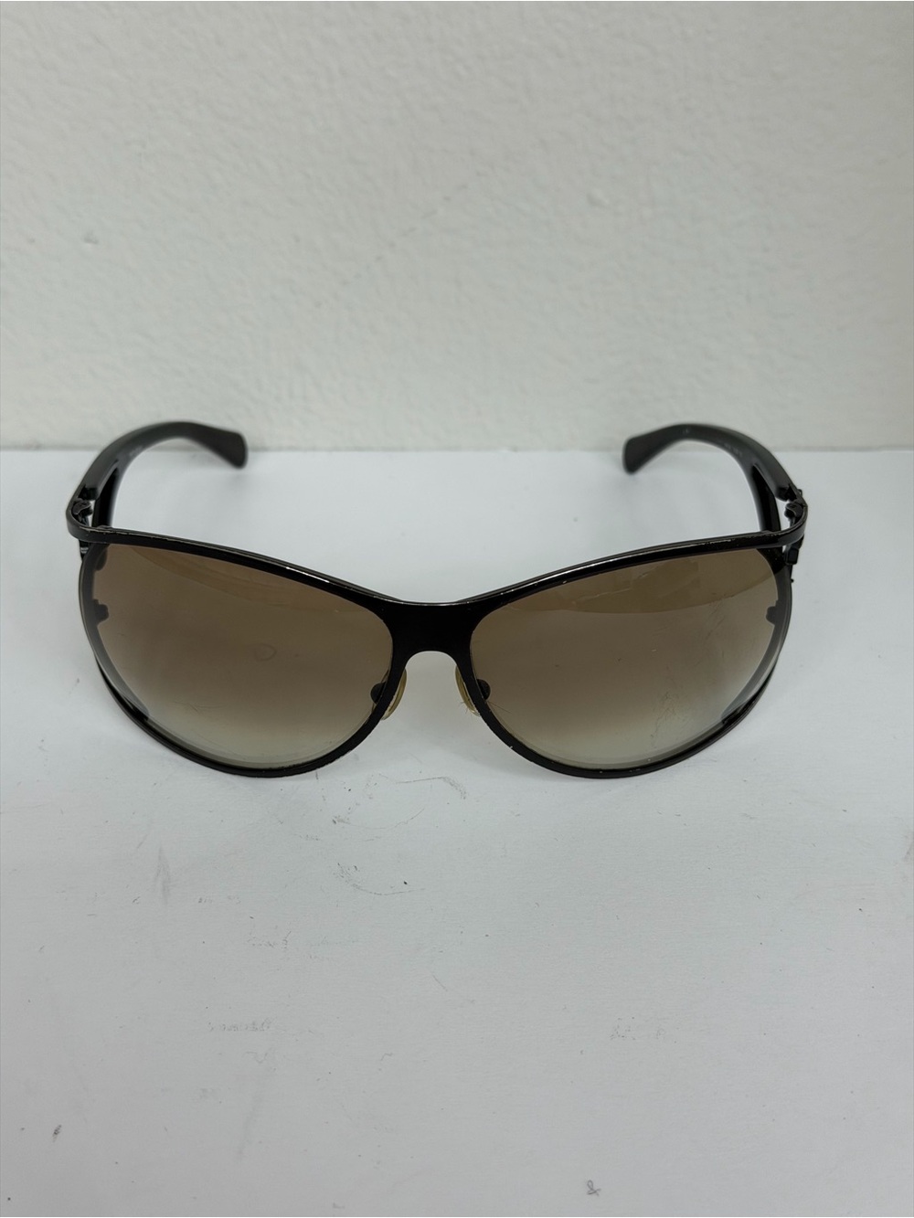 YSL Yves Saint Laurent Shield Sunglasses Brown Gradient Lens Logo Metal Frame